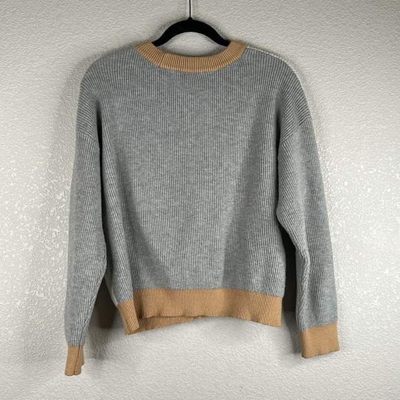 Cyrus Gray White & Tan Color Block Long Sleeve Crewneck Sweater Size Large - Picture 3 of 5